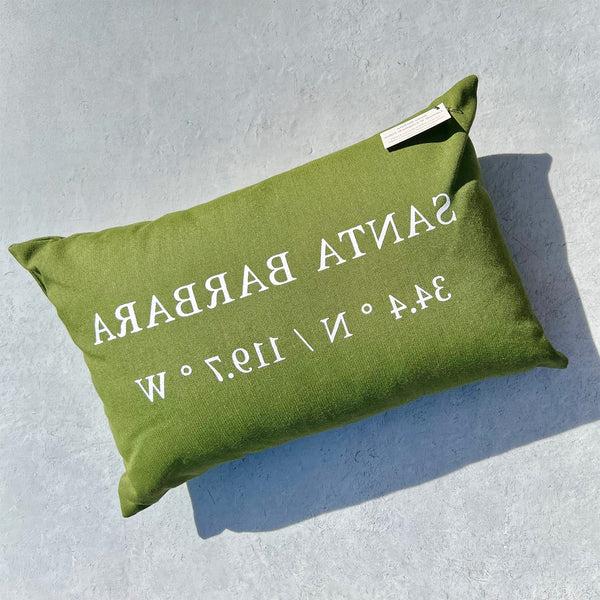 Santa Barbara Latitude / Longitude Pillow in Olive Green